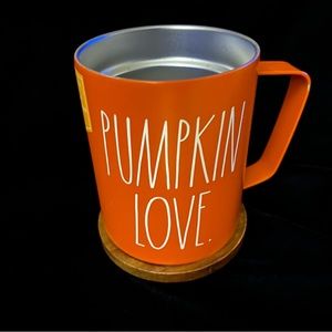 NWT Rae Dunn Pumpkin Love Insulated Stainless Steel Mug & Wood Coaster